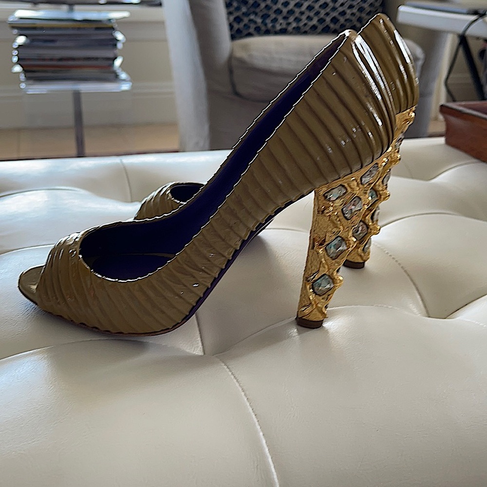 Miu Miu Olive Green Patent Peep-Toe Heels with Gold Jeweled Heel